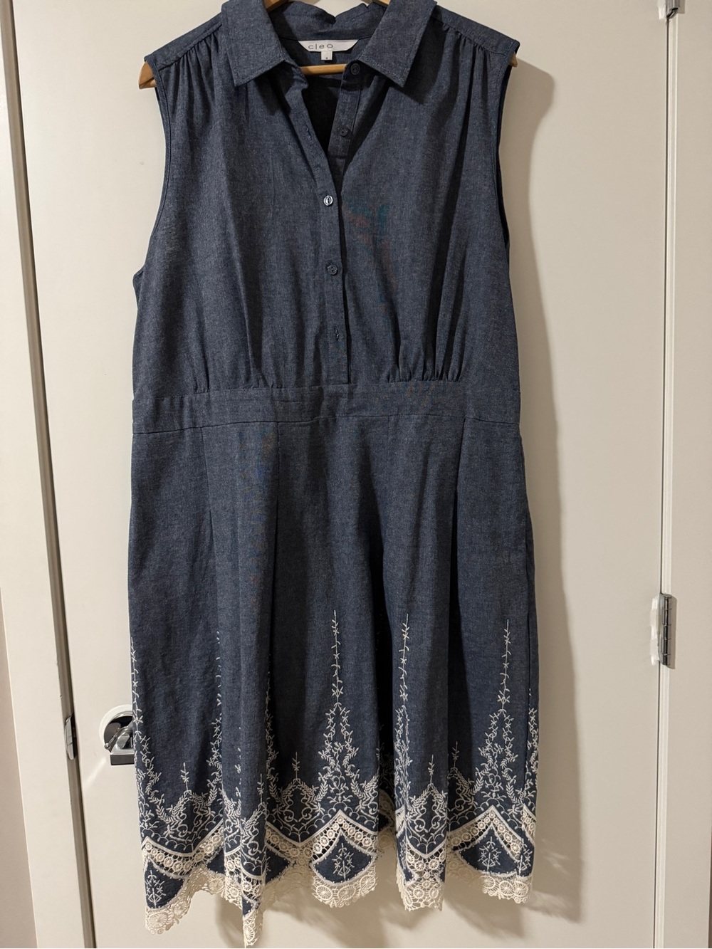 Cleo Chambray sleeveless dress with embroidery/crochet trim